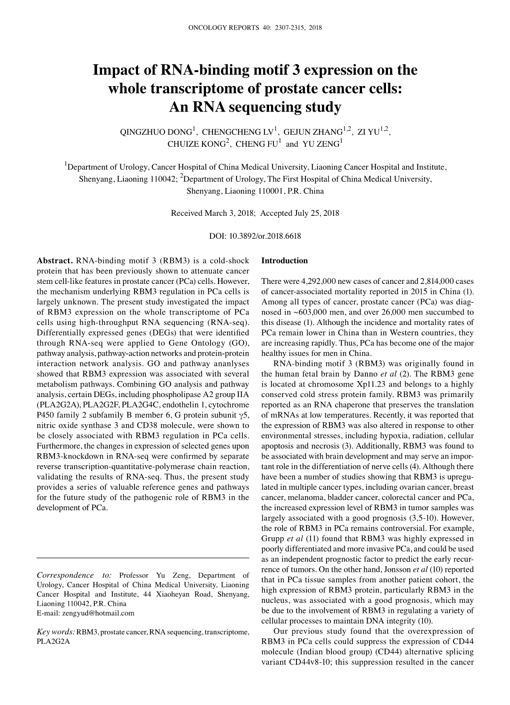 Impact of RNA‑Binding Motif 3 Expression on the Whole Transcriptome of Prostate Cancer Cells: an RNA Sequencing Study