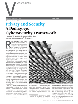Privacy and Security a Pedagogic Cybersecurity Framework a Proposal for Teaching the Organizational, Legal, and International Aspects of Cybersecurity