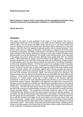 1 CERS Working Paper 2015 Racial Violence in Russia