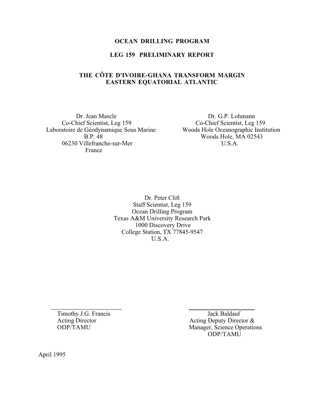 Ocean Drilling Program Leg 159 Preliminary Report The