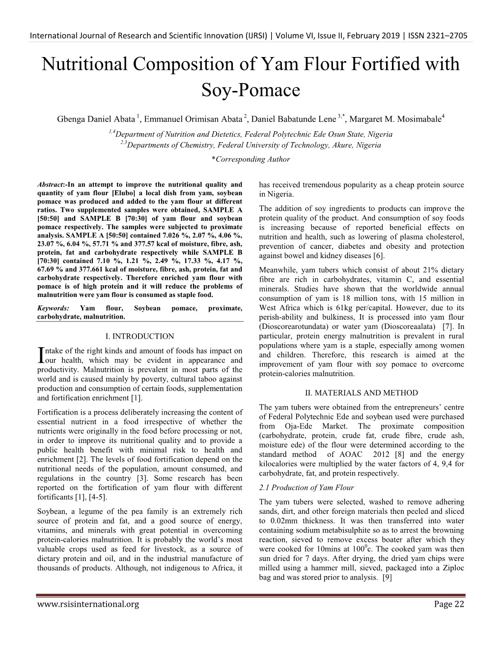 Nutritional Composition of Yam Flour Fortified with Soy-Pomace