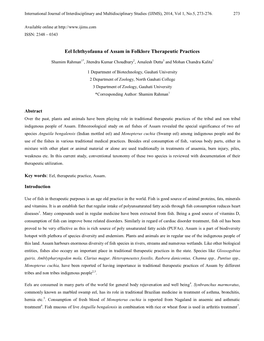 Eel Ichthyofauna of Assam in Folklore Therapeutic Practices