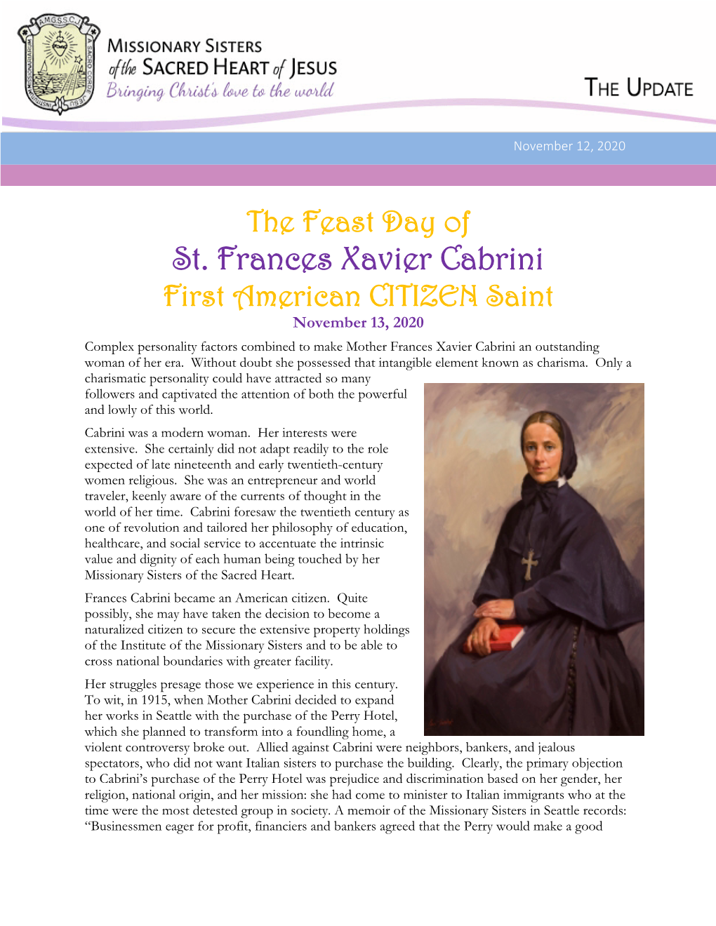 St. Frances Xavier Cabrini First American CITIZEN Saint November 13, 2020