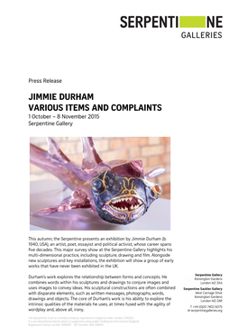 JIMMIE DURHAM VARIOUS ITEMS and COMPLAINTS 1 October – 8 November 2015 Serpentine Gallery
