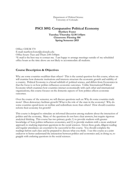 PSCI 3092: Comparative Political Economy Matthew Foster Tuesday/Thursday 12:30-1:45Pm Classroom: Fleming 104 Spring Semester 2015