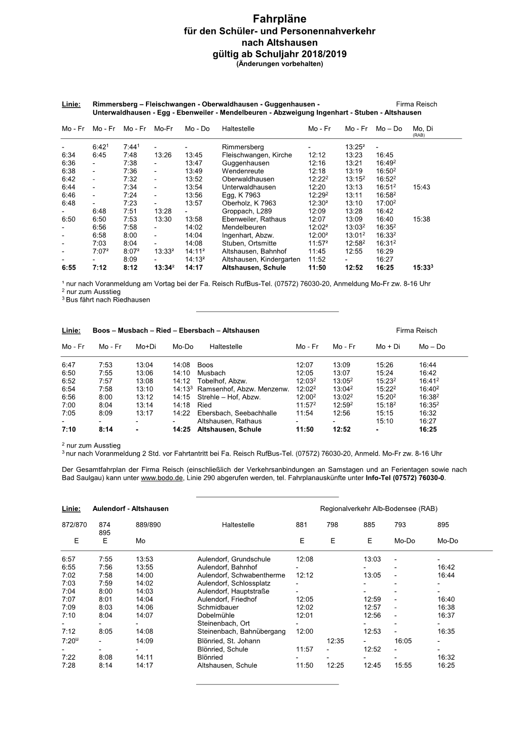 Fahrpläne Für Den Schüler- Und Personennahverkehr Nach Altshausen Gültig Ab Schuljahr 2018/2019 (Änderungen Vorbehalten)