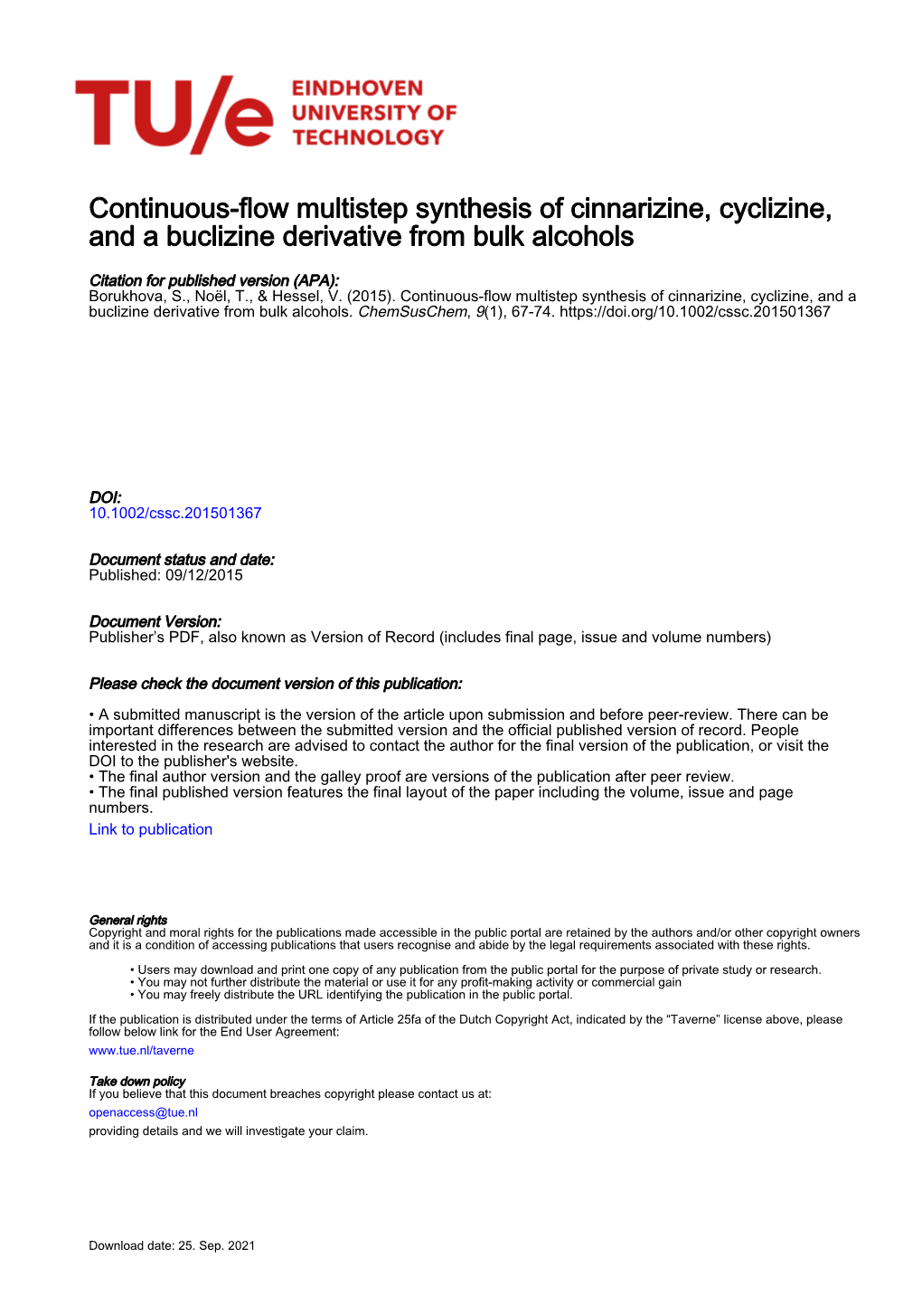 Continuous-Flow Multistep Synthesis of Cinnarizine, Cyclizine, and a Buclizine Derivative from Bulk Alcohols