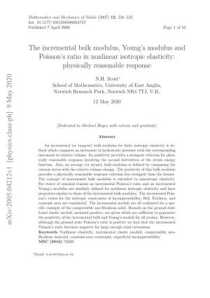 [Physics.Class-Ph] 9 May 2020 the Incremental Bulk Modulus, Young's