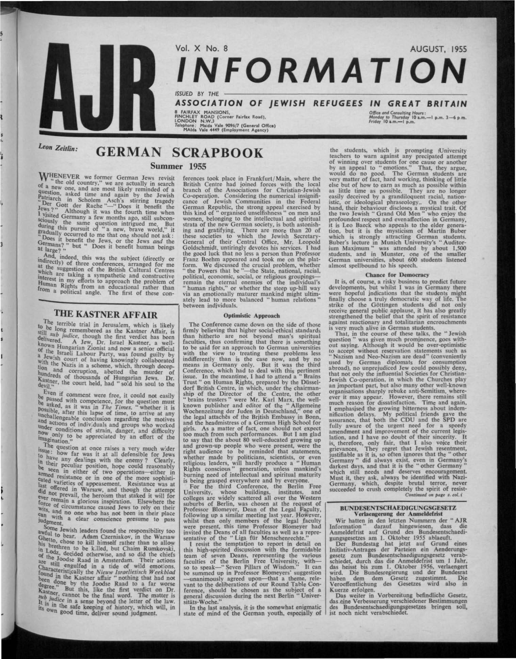 Information Issued by the Association of Jewish Refugees in Great Britain 8 Fairfax Mansions