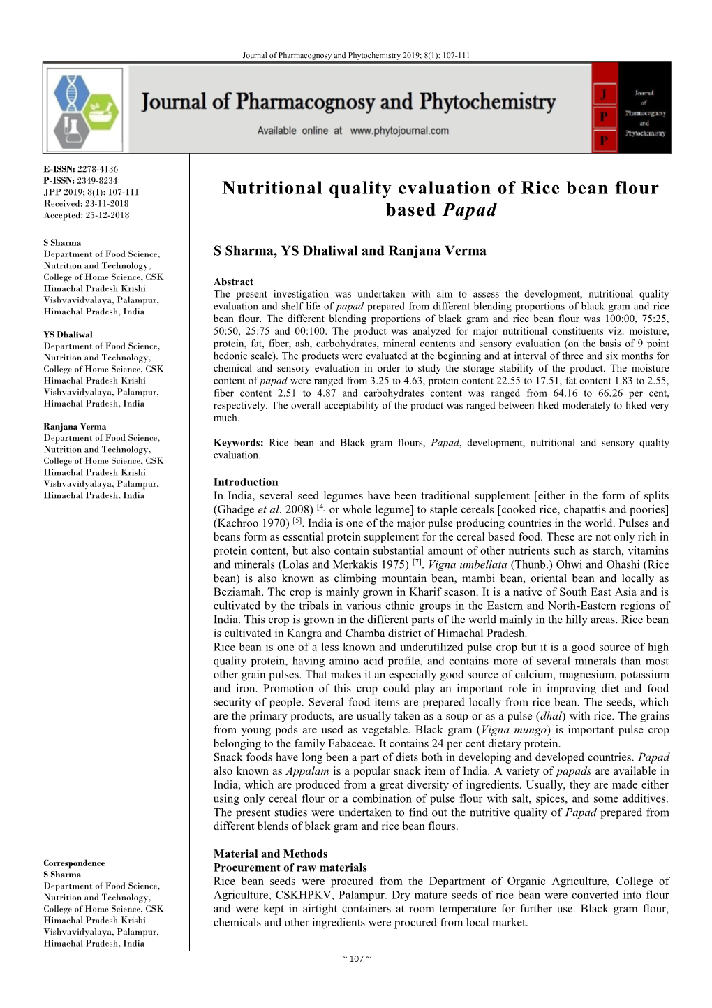 Nutritional Quality Evaluation of Rice Bean Flour Based Papad
