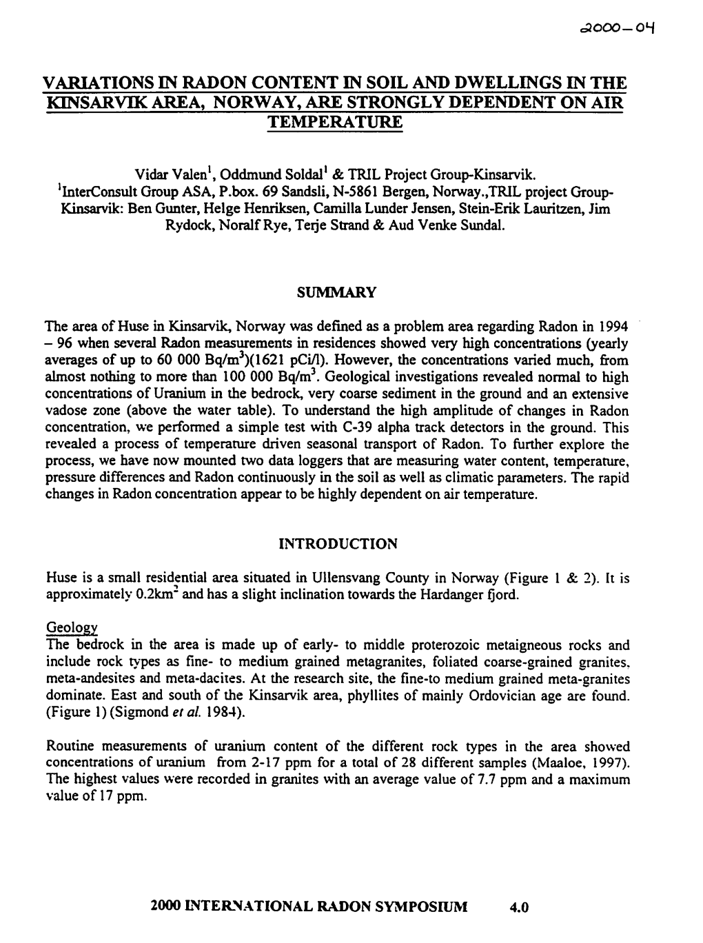 Variations in Radon Content in Soil & Dwellings in Kinsarvik Area