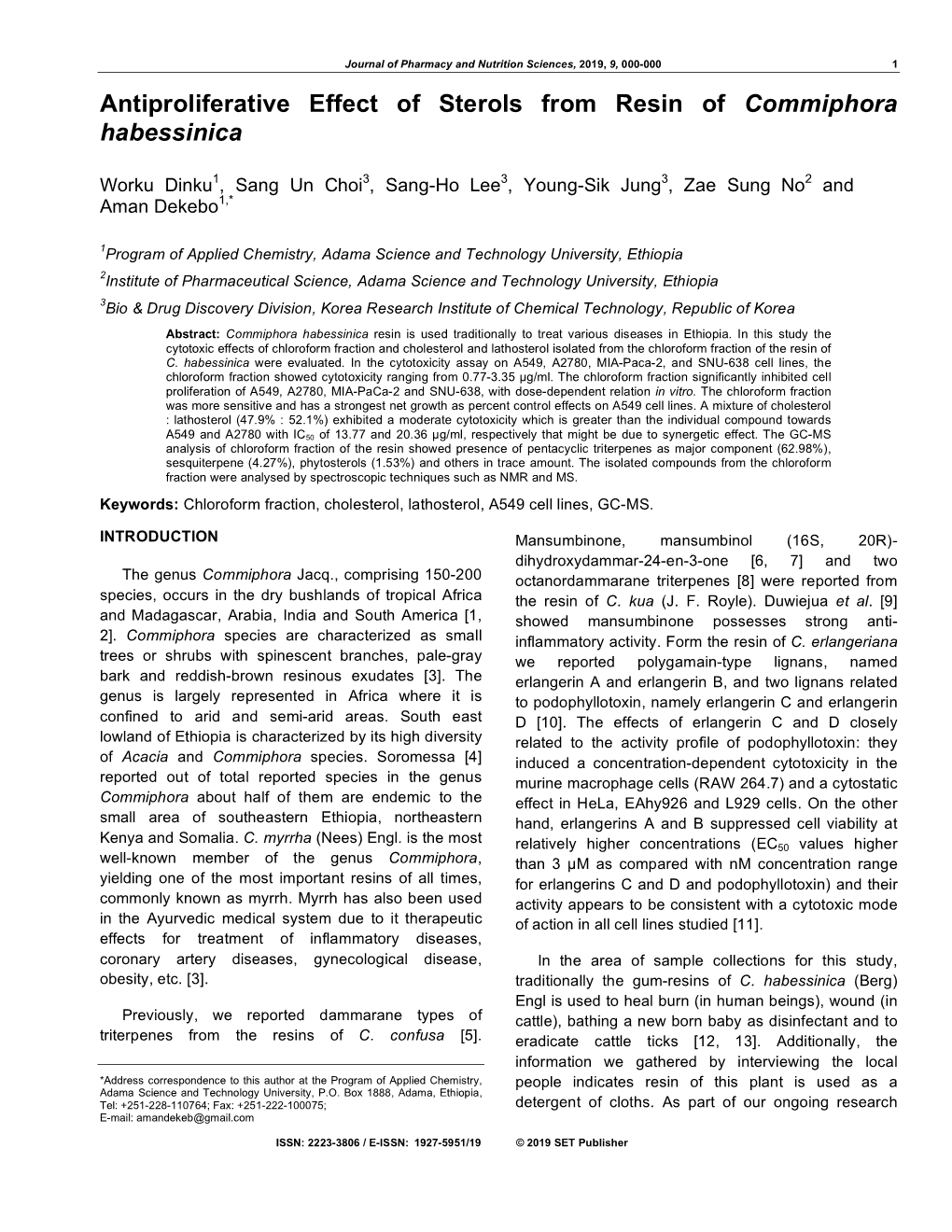 Antiproliferative Effect of Sterols from Resin of Commiphora Habessinica