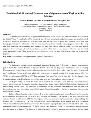 Traditional Medicinal and Economic Uses of Gymnosperms of Kaghan Valley, Pakistan