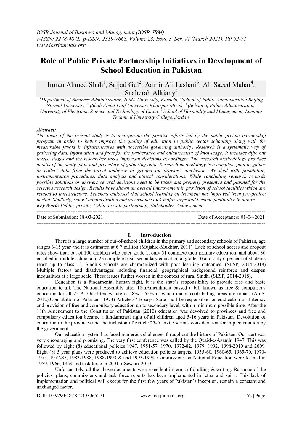 Role of Public Private Partnership Initiatives in Development of School Education in Pakistan