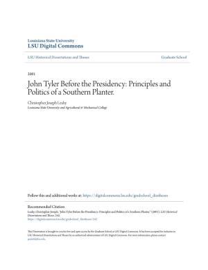 John Tyler Before the Presidency: Principles and Politics of a Southern Planter