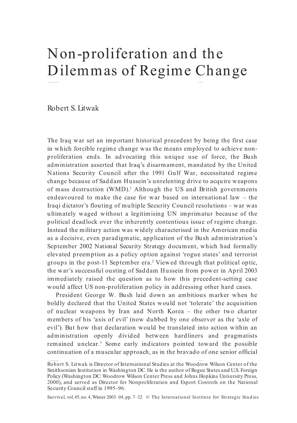 Non-Proliferation and the Dilemmas of Regime Change 7 Non-Proliferation and The