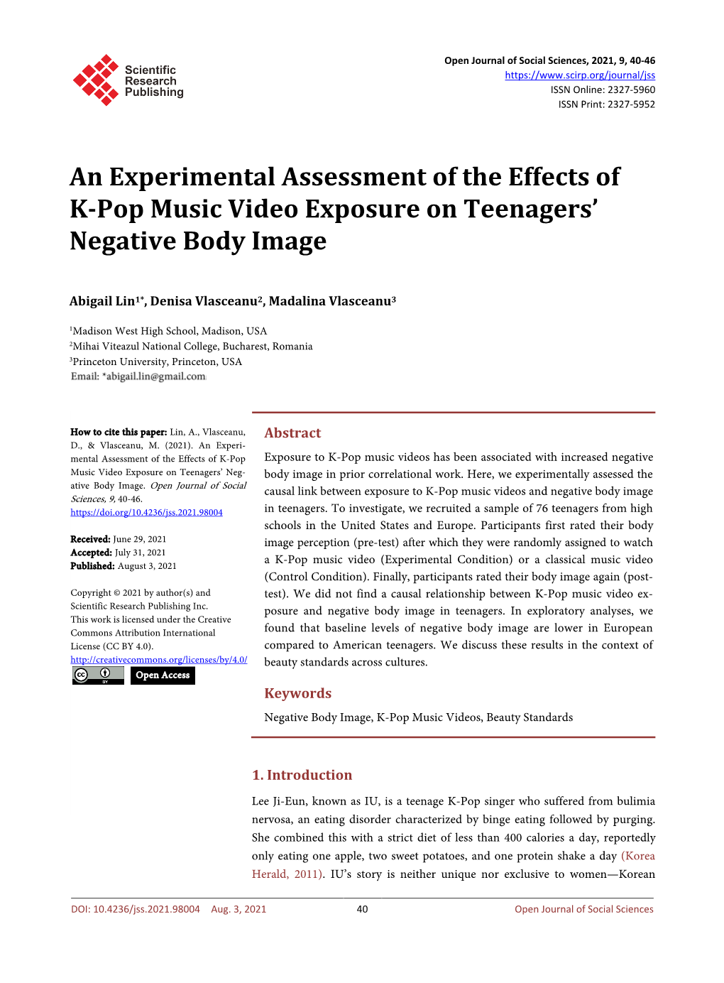 An Experimental Assessment of the Effects of K-Pop Music Video Exposure on Teenagers’ Negative Body Image