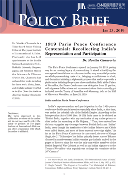 "1919 Paris Peace Conference Centennial : Recollecting India's Representation and Participation" Monika Chansoria