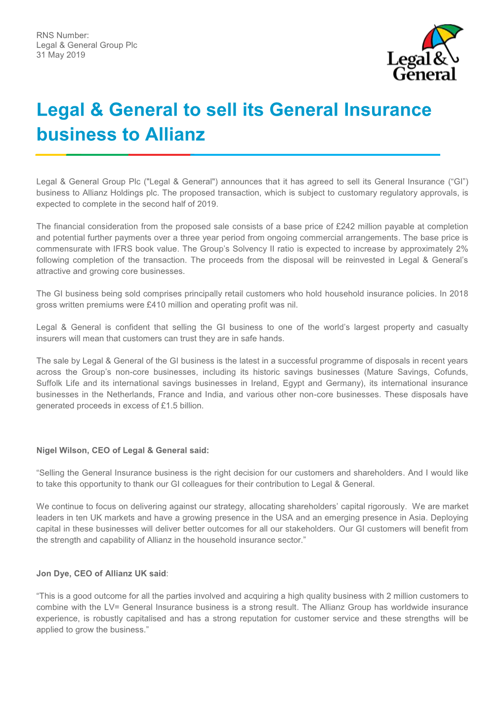 Legal & General to Sell Its General Insurance Business to Allianz