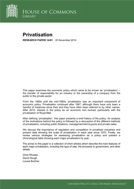 Privatisation RESEARCH PAPER 14/61 20 November 2014