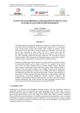 Status of Geothermal Exploration in Kenya and Future Plans for Its Development