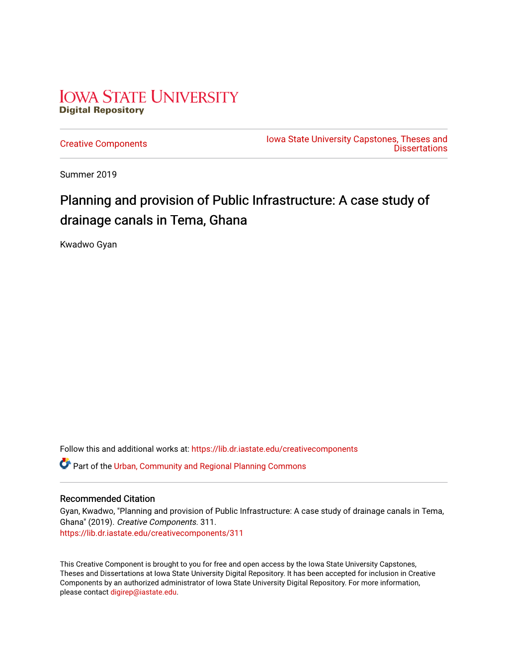 Planning and Provision of Public Infrastructure: a Case Study of Drainage Canals in Tema, Ghana