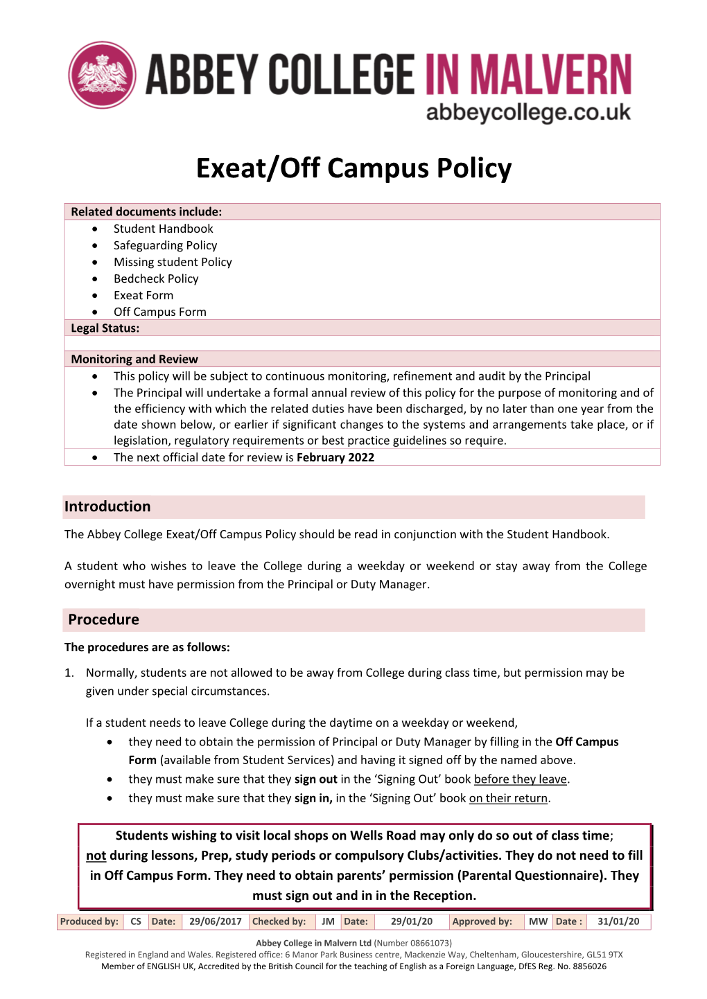 Exeat/Off Campus Policy