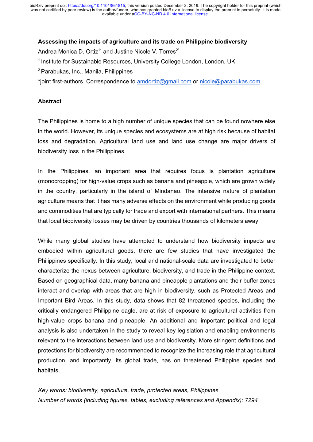 Assessing the Impacts of Agriculture and Its Trade on Philippine Biodiversity Andrea Monica D