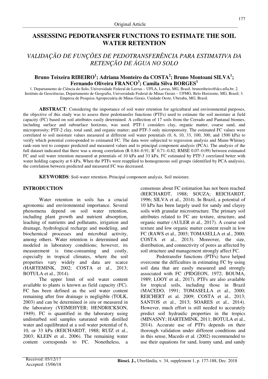 Assessing Pedotransfer Functions to Estimate the Soil Water Retention