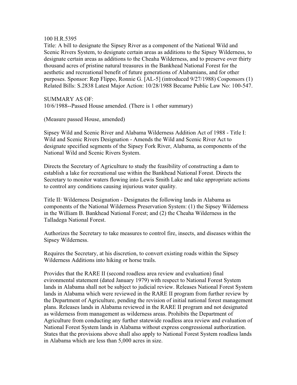 100 H.R.5395 Title: a Bill to Designate the Sipsey River As a Component Of