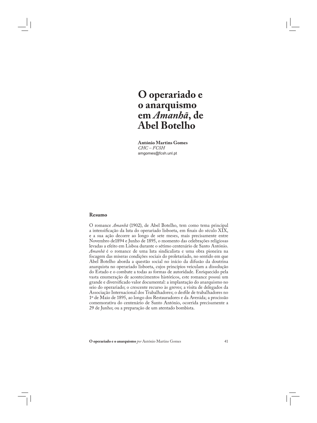 O Operariado E O Anarquismo Em Amanhã, De Abel Botelho