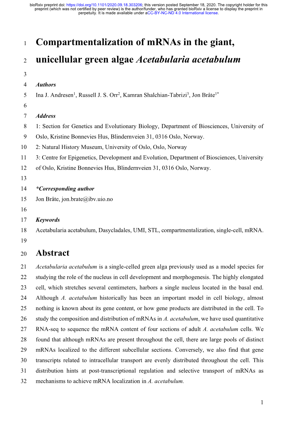 Compartmentalization of Mrnas in the Giant, Unicellular Green Algae