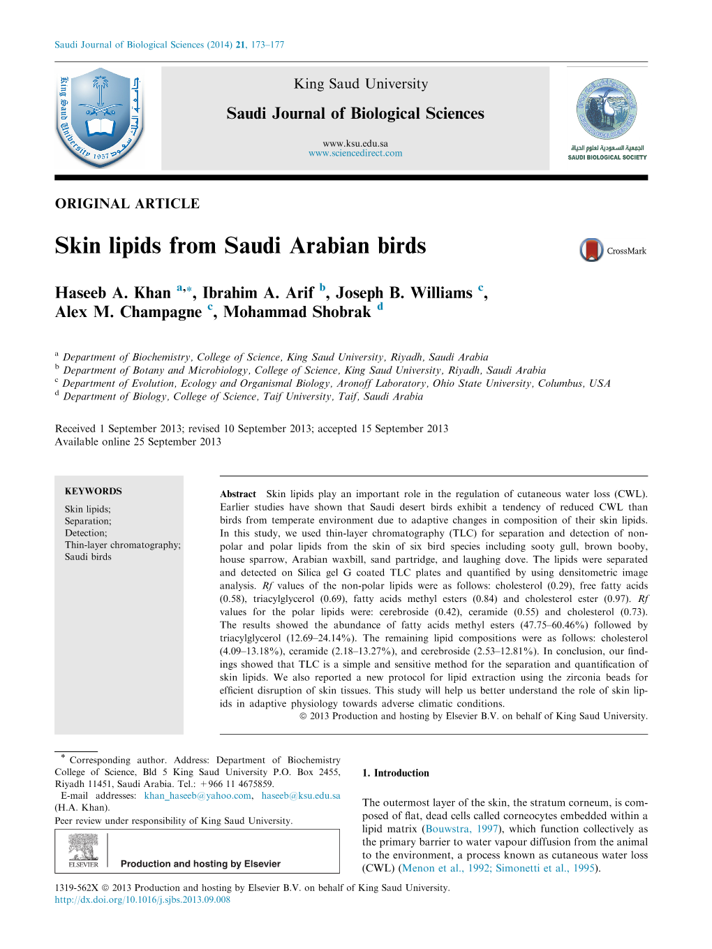 Skin Lipids from Saudi Arabian Birds