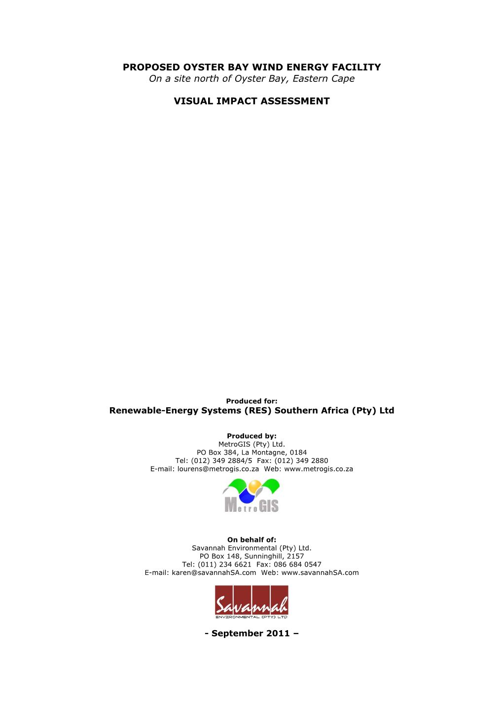 PROPOSED OYSTER BAY WIND ENERGY FACILITY on a Site North of Oyster Bay, Eastern Cape