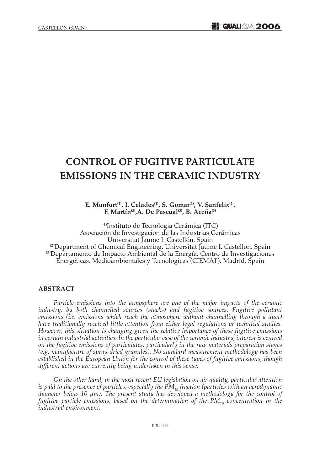 CONTROL of FUGITIVE PARTICULATE EMISSIONS in the CERAMIC INDUSTRY