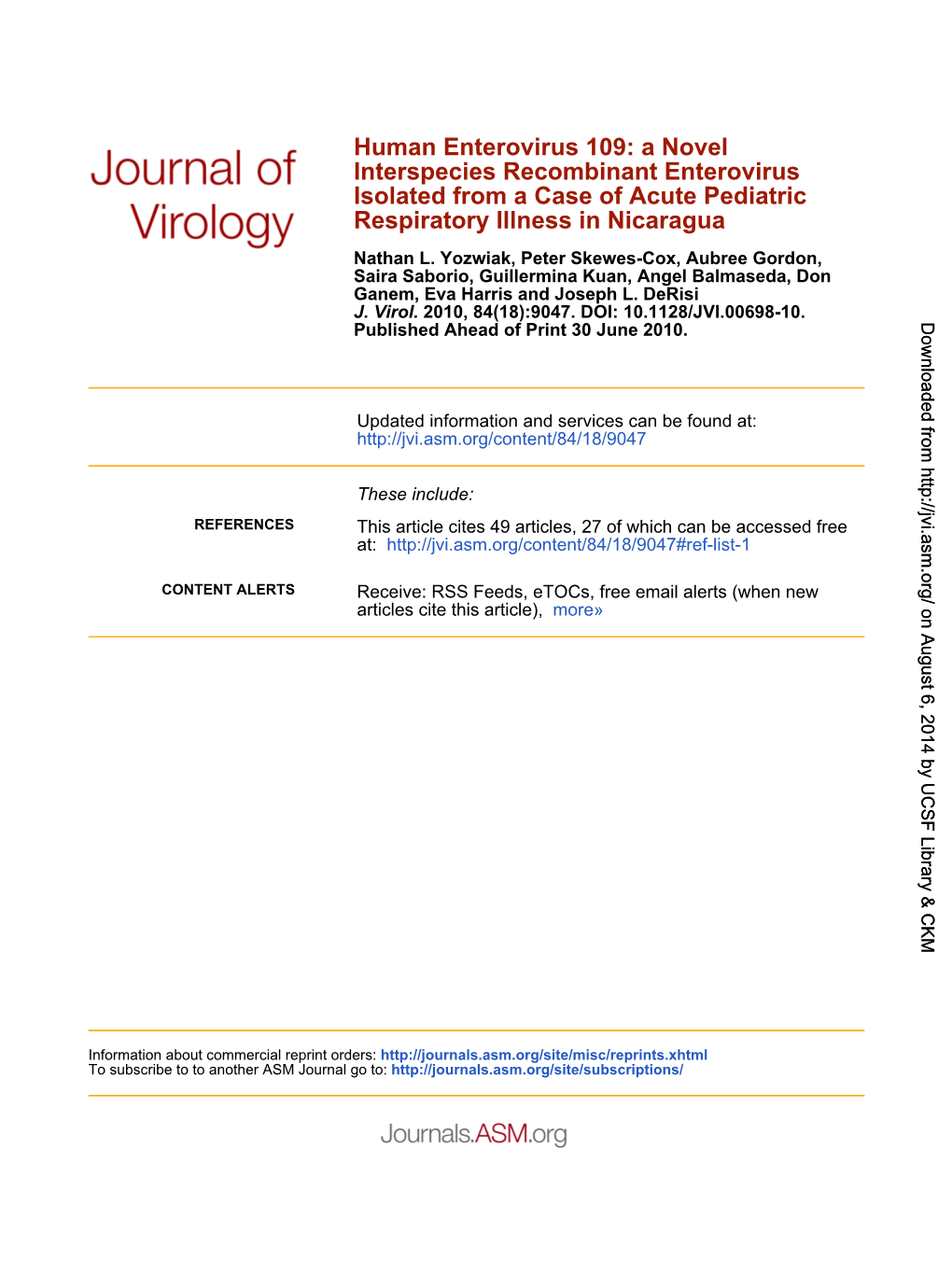 Respiratory Illness in Nicaragua Isolated from a Case of Acute Pediatric Interspecies Recombinant Enterovirus Human Enterovirus