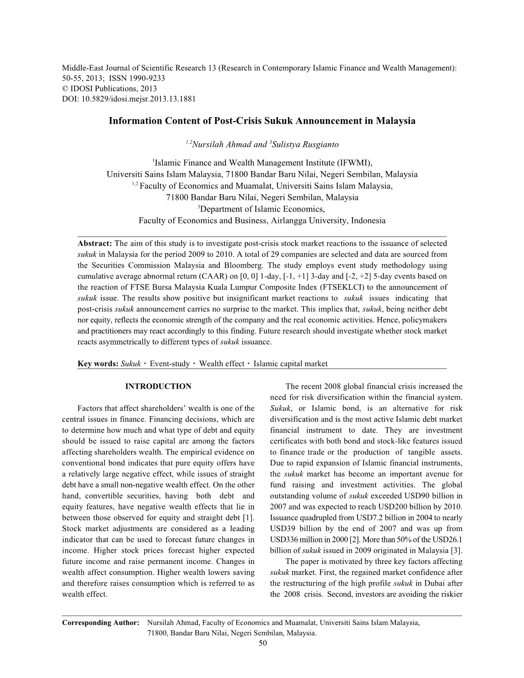 Information Content of Post-Crisis Sukuk Announcement in Malaysia