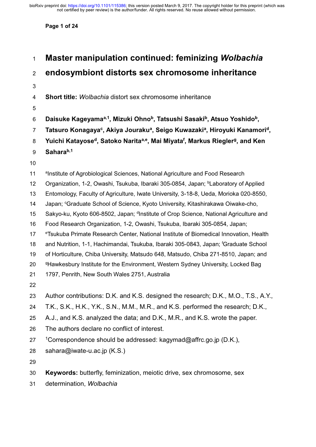 Feminizing Wolbachia Endosymbiont Distorts Sex Chromosome