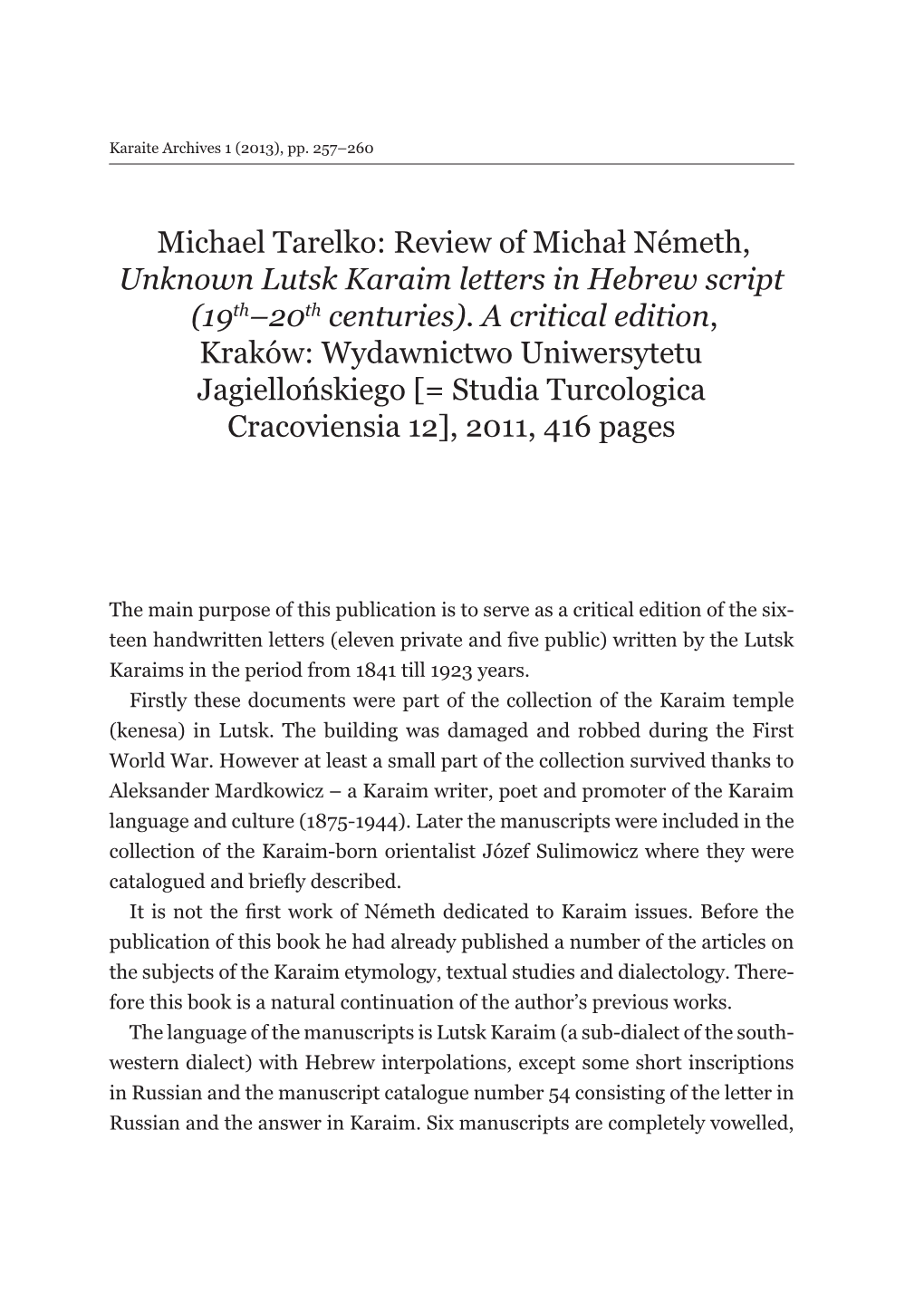 Michael Tarelko: Review of Michał Németh, Unknown Lutsk Karaim Letters in Hebrew Script (19Th–20Th Centuries)