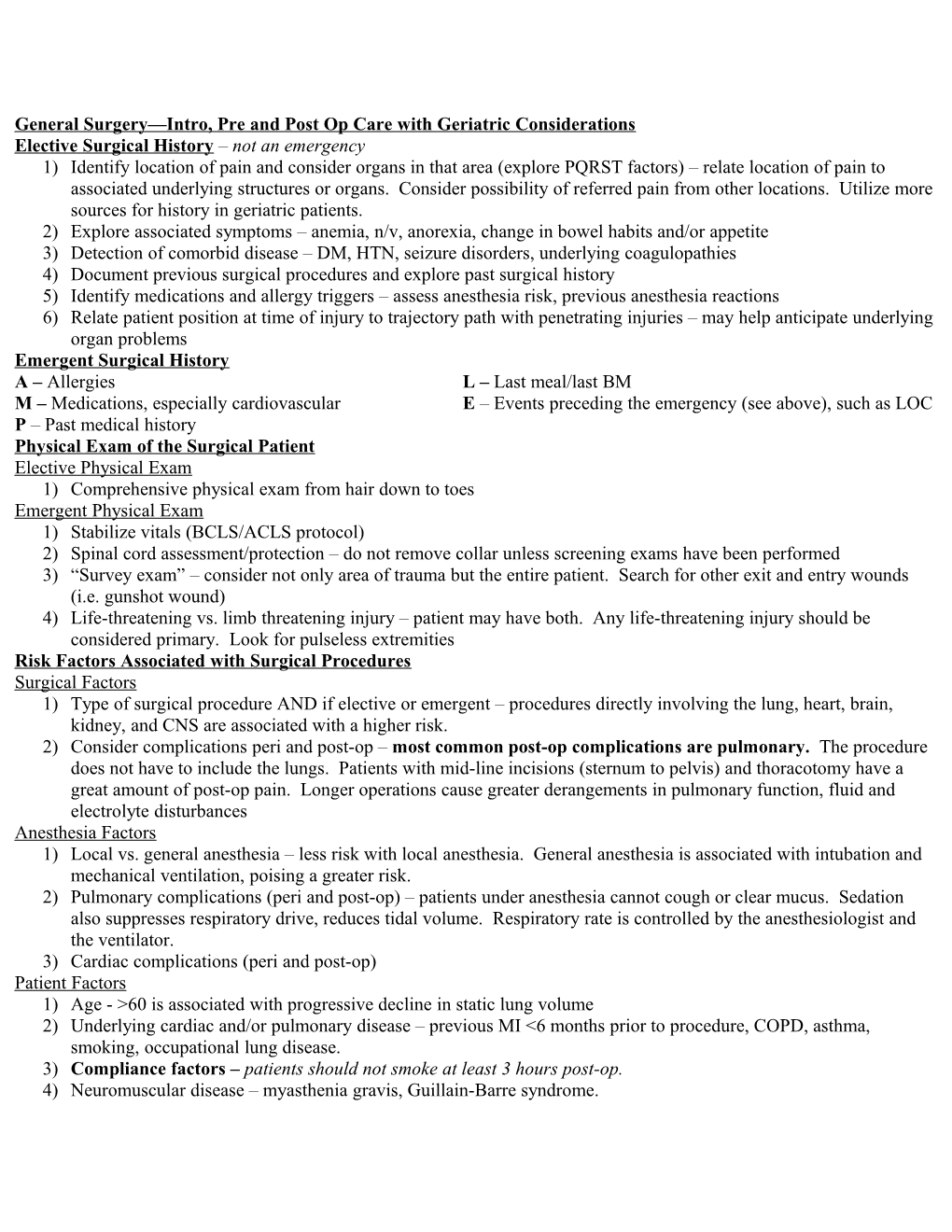 General Surgery Intro, Pre and Post Op Care with Geriatric Considerations