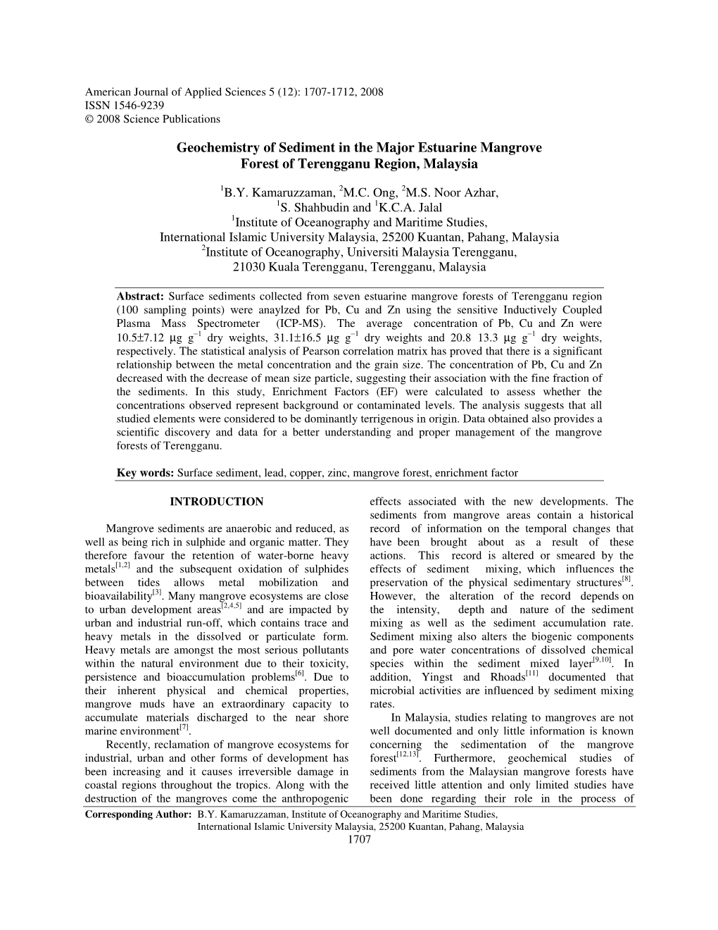 Geochemistry of Sediment in the Major Estuarine Mangrove Forest of Terengganu Region, Malaysia