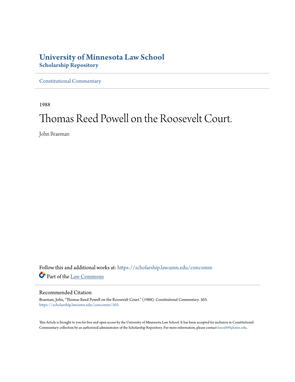 Thomas Reed Powell on the Roosevelt Court. John Braeman