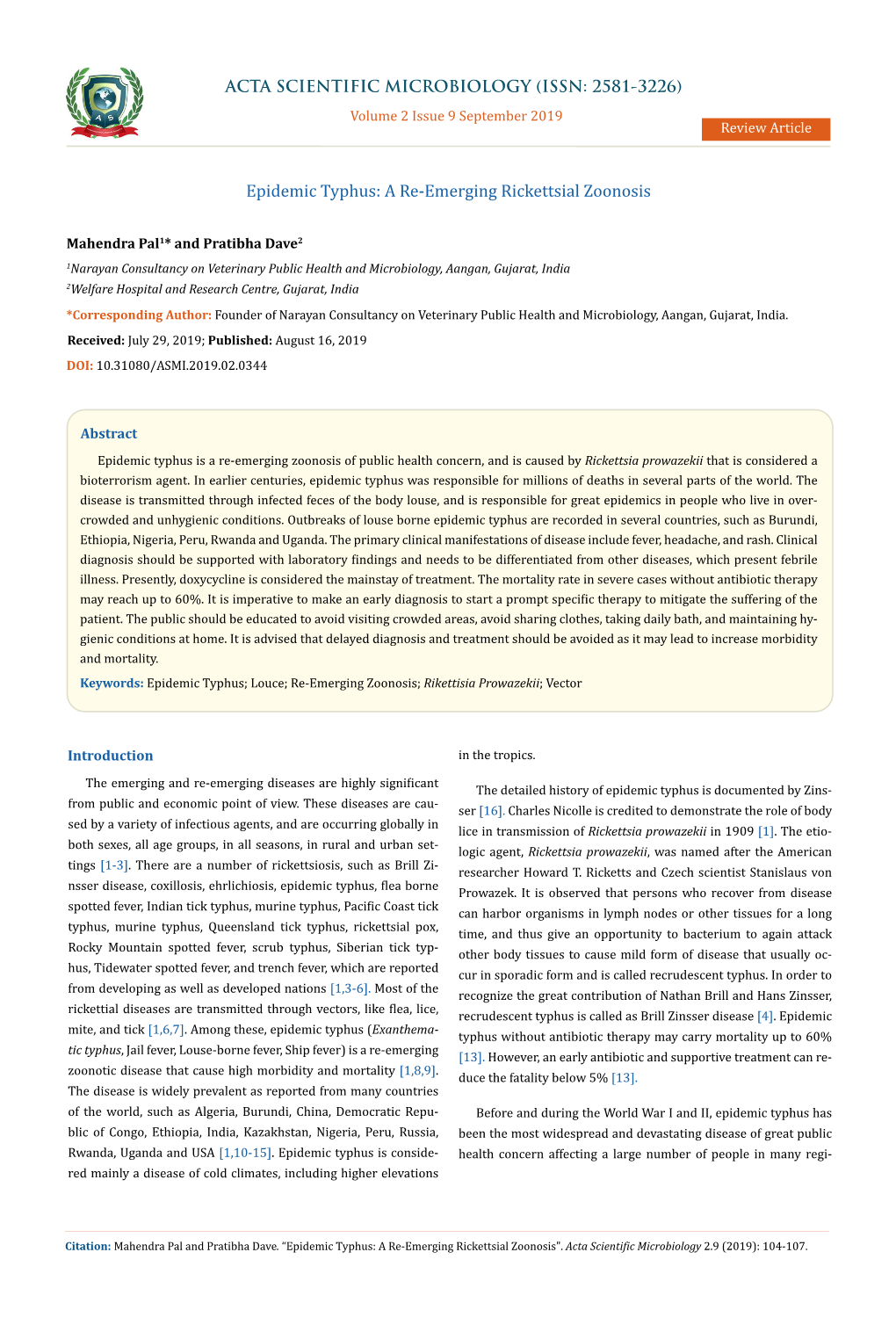 Epidemic Typhus: a Re-Emerging Rickettsial Zoonosis