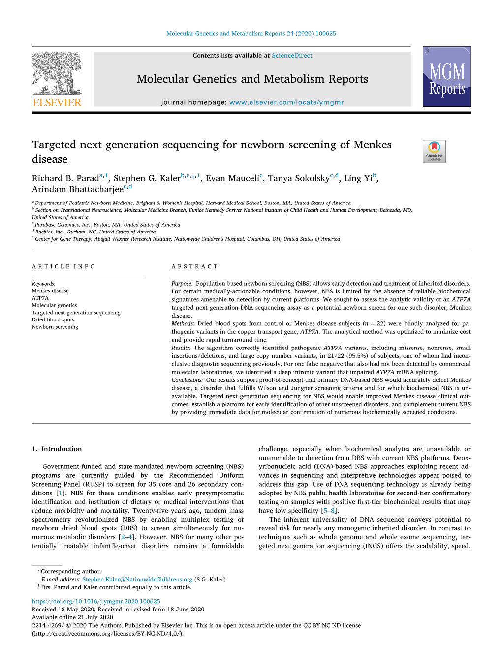 Molecular Genetics and Metabolism Reports 24 (2020) 100625