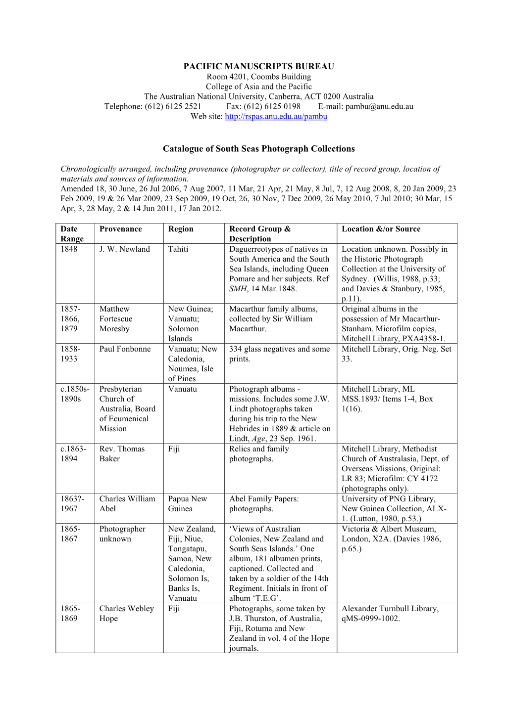 PACIFIC MANUSCRIPTS BUREAU Catalogue of South Seas