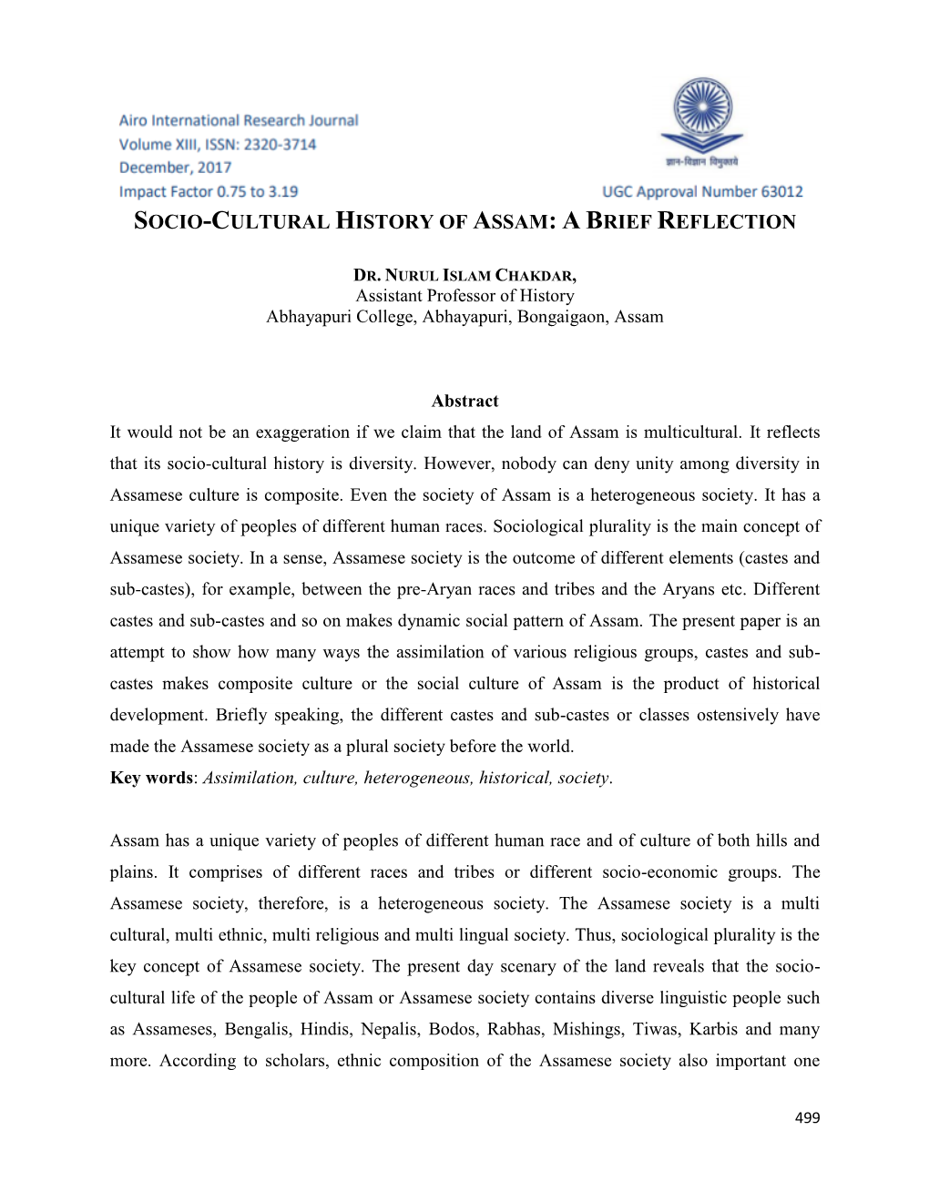 Socio-Cultural History of Assam: a B Rief Reflection