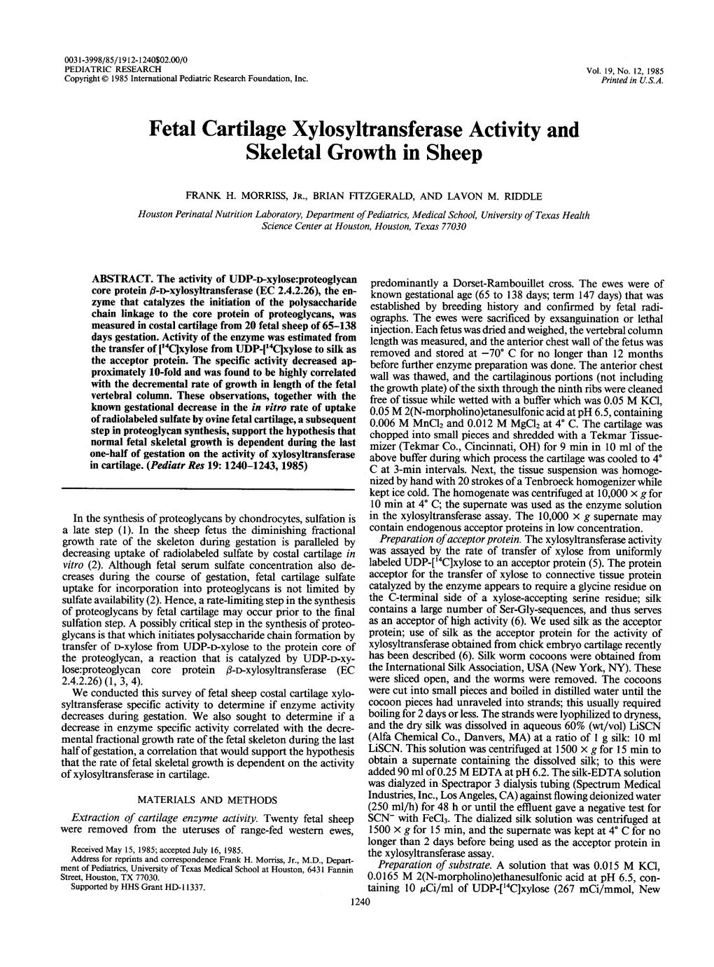 Fetal Cartilage Xylosyltransferase Activity and Skeletal Growth in Sheep