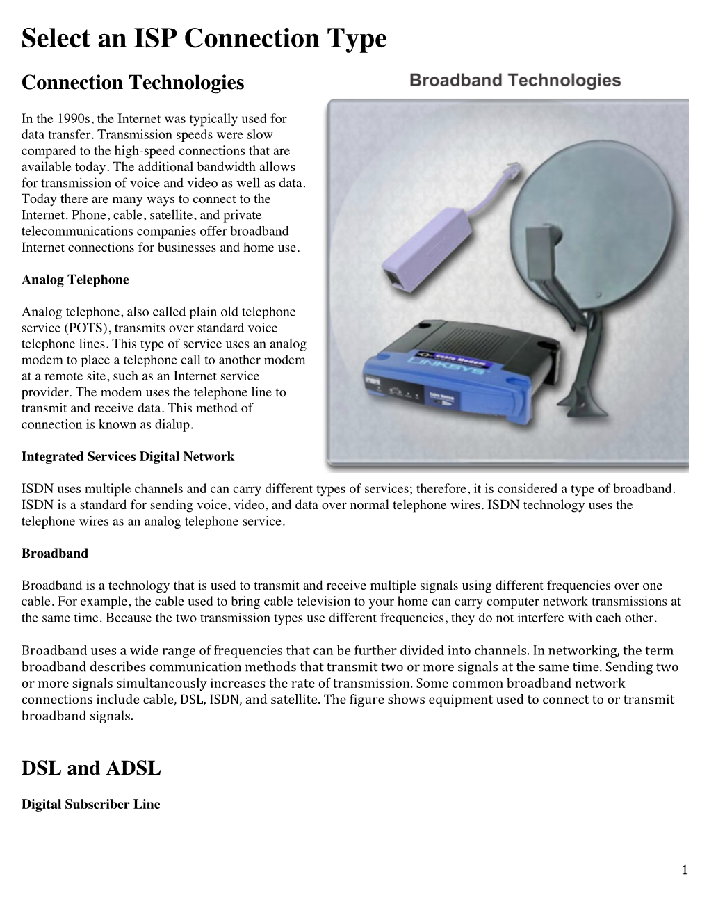 Select an ISP Connection Type Connection Technologies