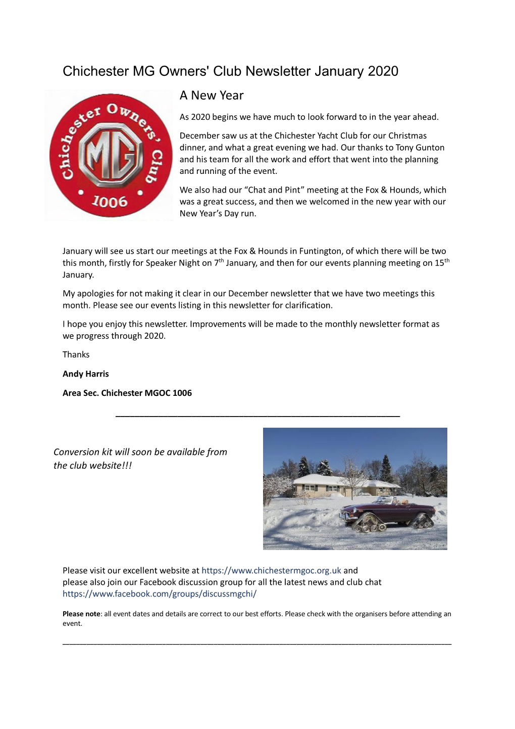 Chichester MG Owners' Club Newsletter January 2020 a New Year