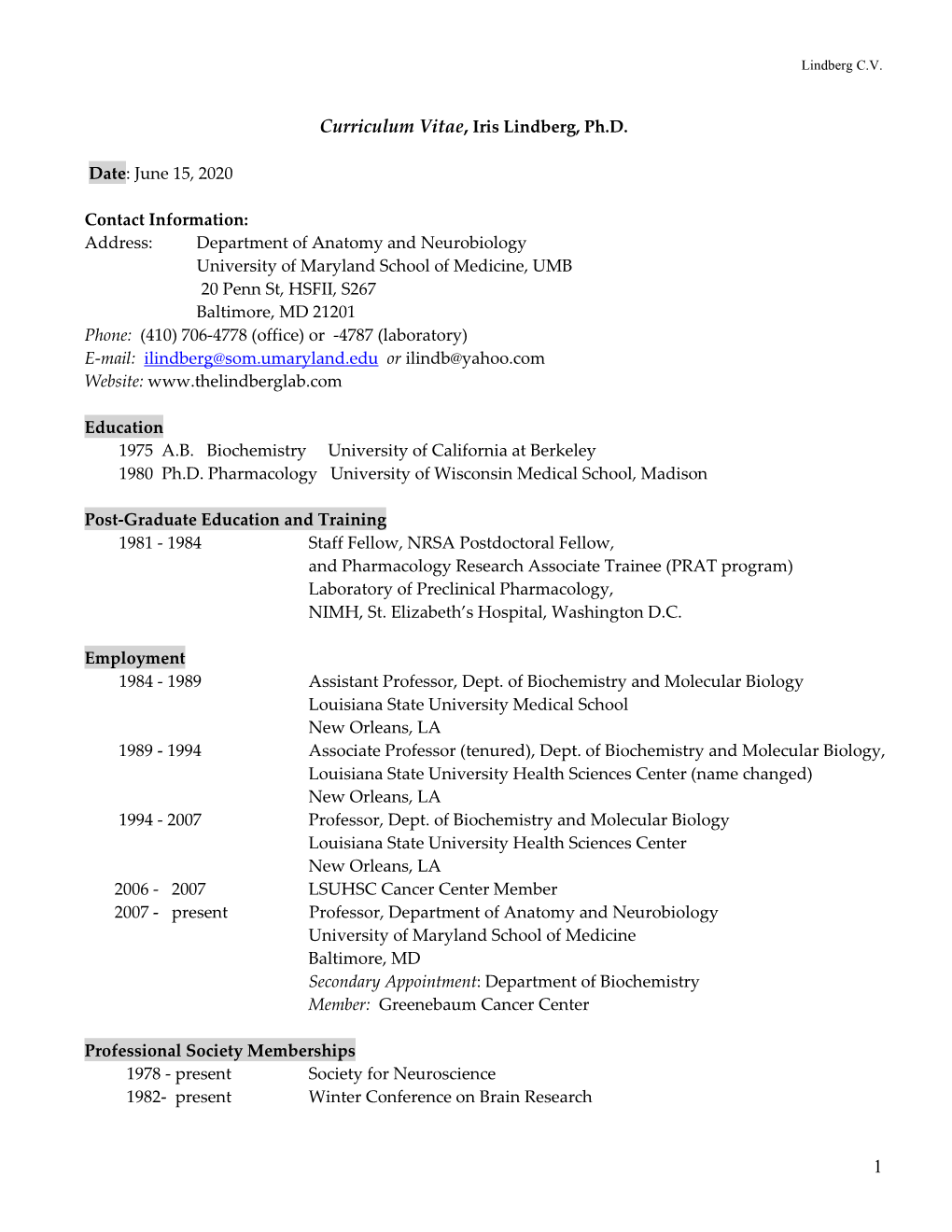 Curriculum Vitae, Iris Lindberg, Ph.D. Date